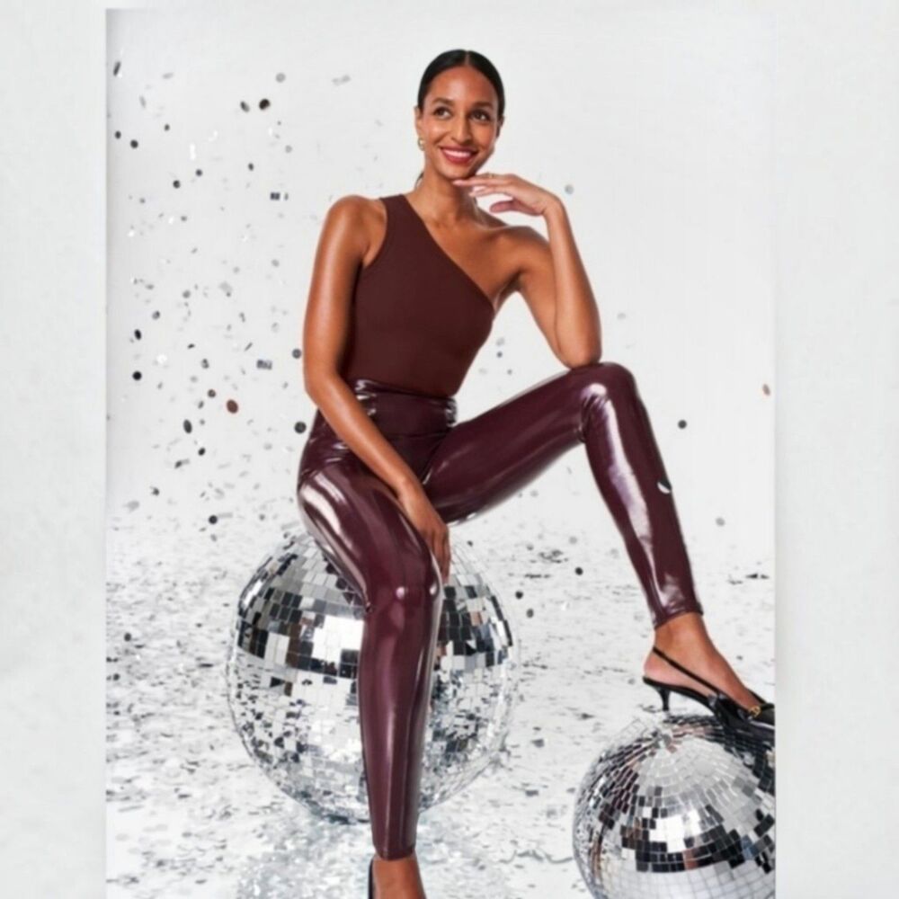 NWT SPANX Faux Patent Leather Leggings Ruby Burgundy High Rise Shiny Pants, LT